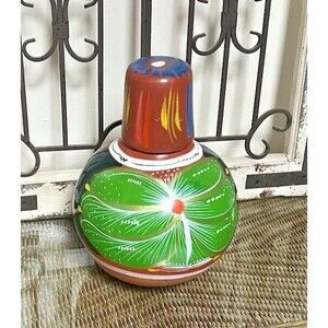 Mexican Clay Water Jug & Cup Hand Paintrd Exotic Flowers & Bird